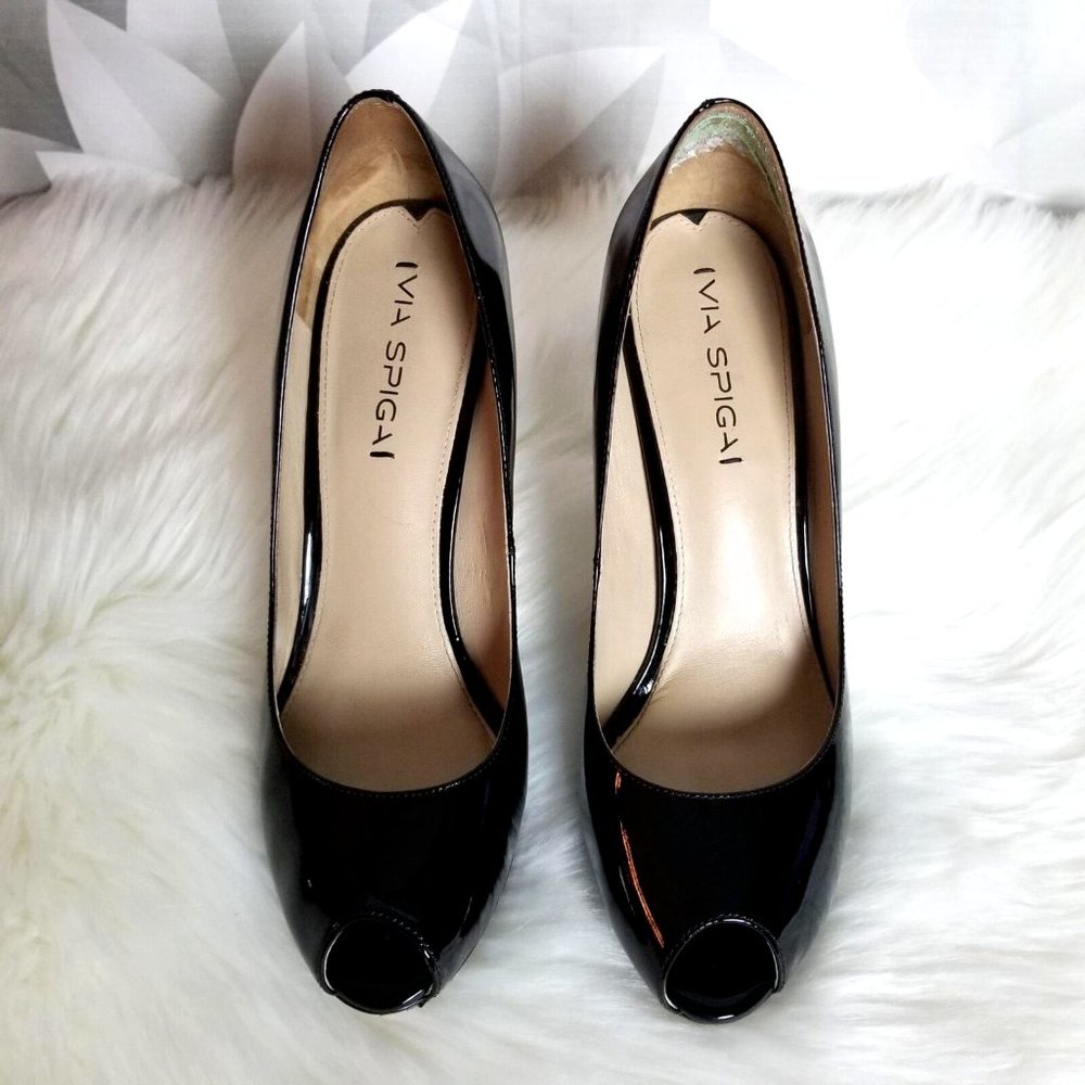 Via Spiga Women's High Heel Platform Pumps Size 8.5M Peep Toe Black
